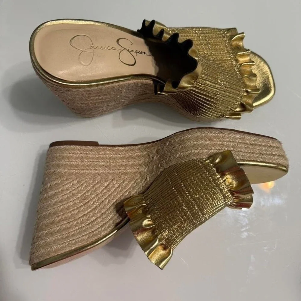 Jessica Simpson Gold Platform Espadrille Slides Ruffle Sandals Size 8.5
